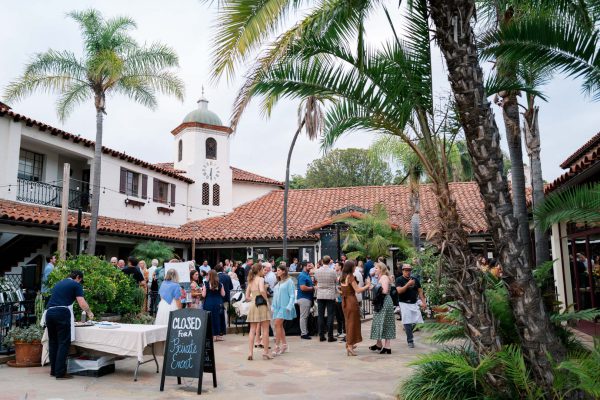 The entrance to the party at Collen & Christian's Wedding Reception in the courtyard at Frequency Wine Company in Santa Barbara, California