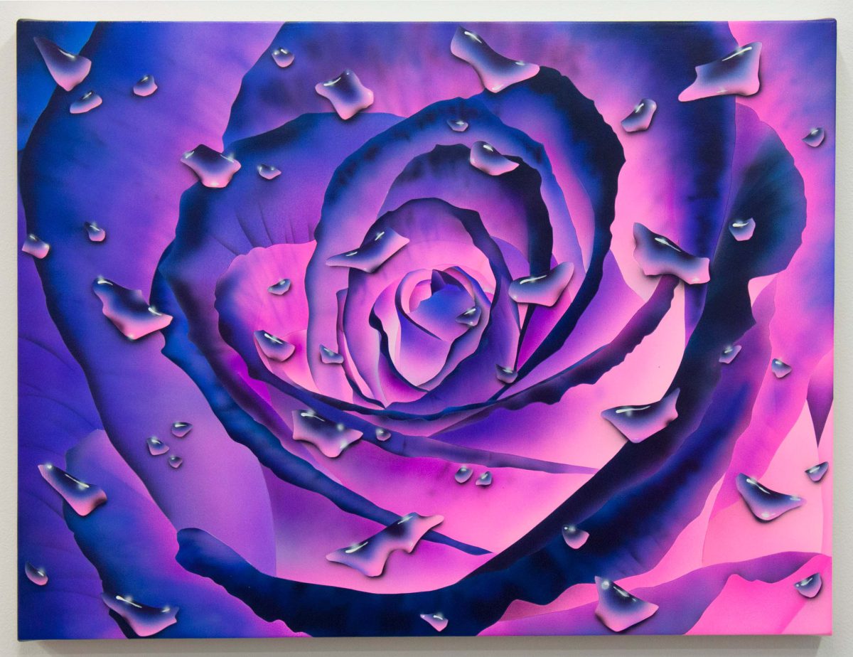 A piece of art from our tasting room showing an impressionistic purple rose with geometric raindrops on the petals