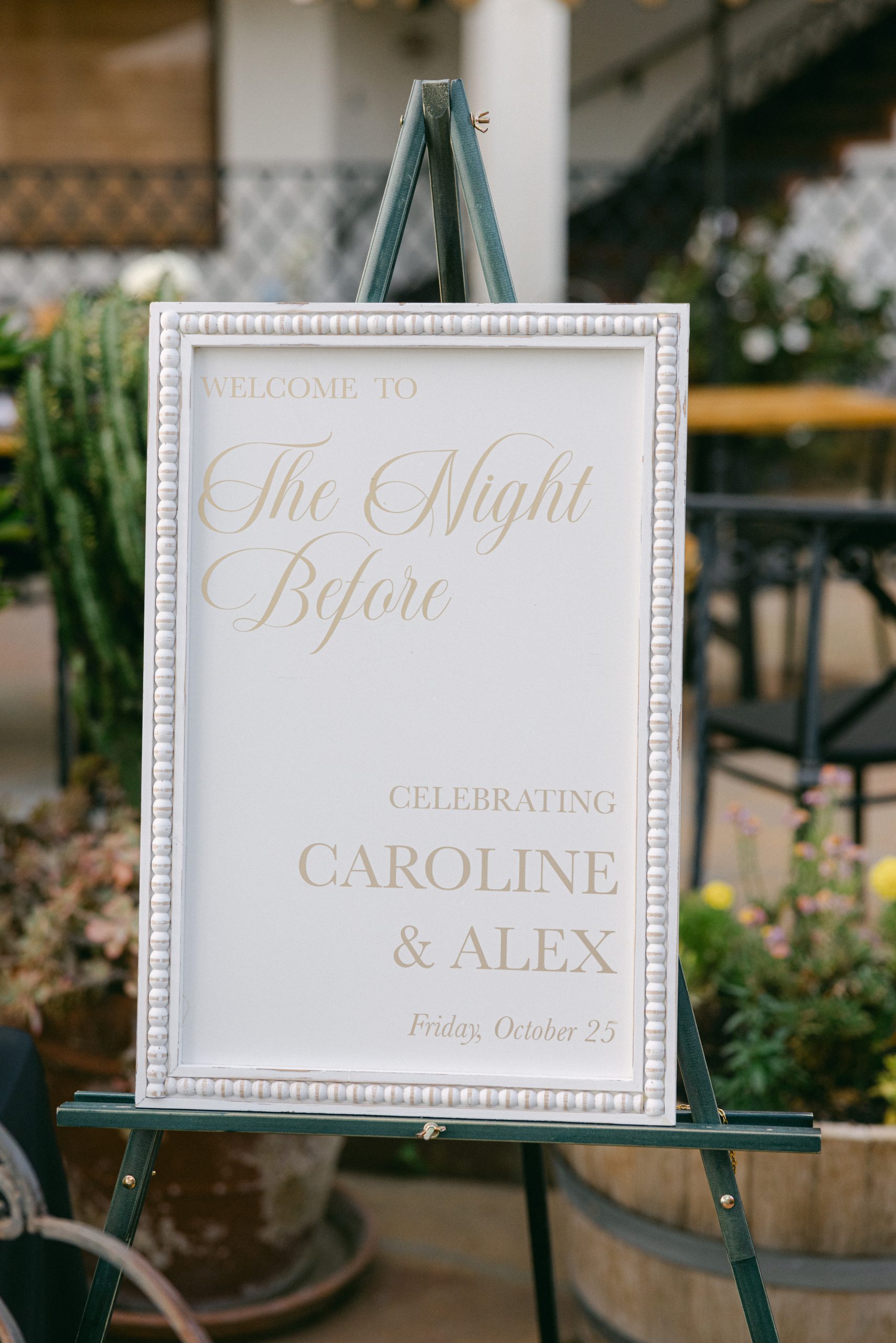 An elegant wedding welcome sign at Frequency, reading The Night Before